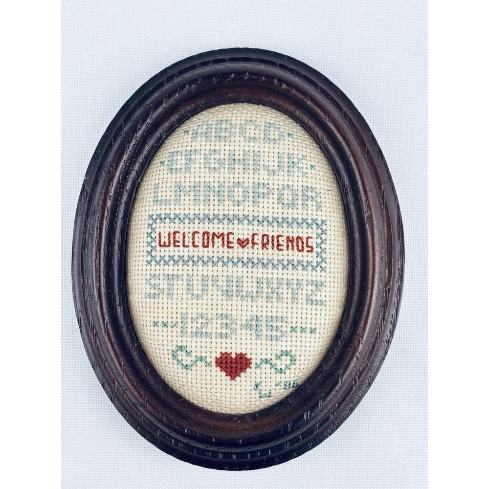 Vintage Wood Framed Counted Cross Stitch Embroidery Welcome Friend Sampler